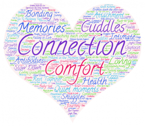 Heart shape with words describing benefits, such as connection, comfort, memories, cuddles, snuggles, loving, health